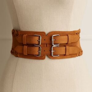 Vintage Wet Seal Wide Statement Belt 100% Suede Small Medium Double Buckle Woven